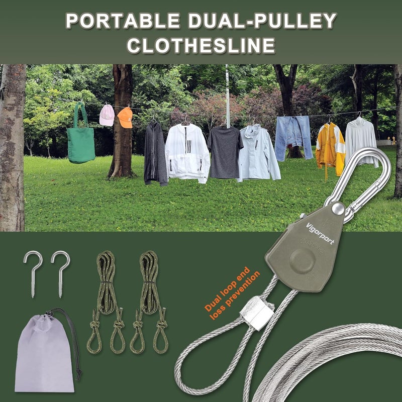 Vigorport Outdoor Retractable Clothesline Portable Travel Clothes Line Wire Ropes with PVC Coating Heavy Duty Rope Pully System for Camping, RV, Indoor Backyard（19Ft） - Image 4